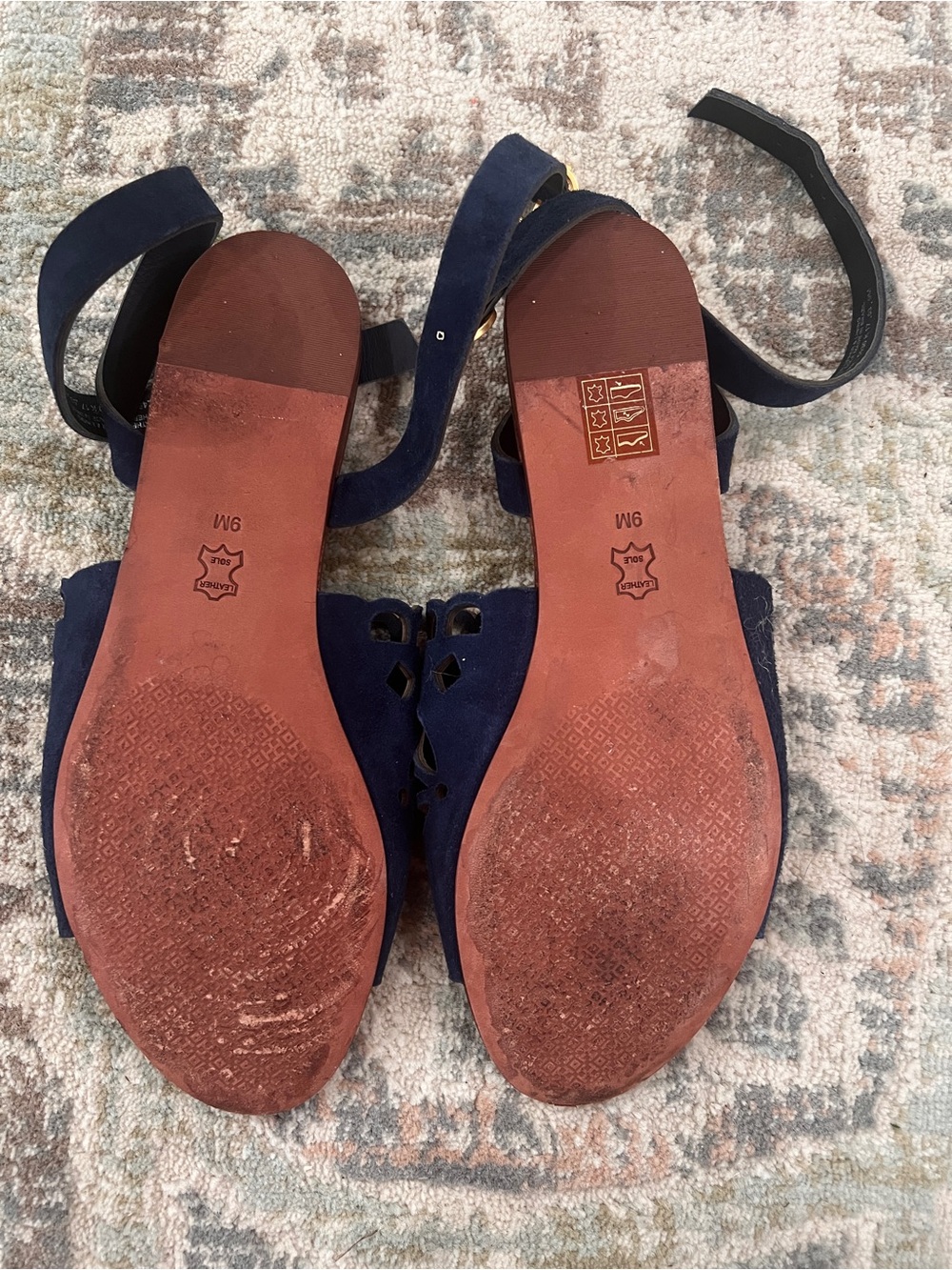 Tory Burch Navy Suede Laser-Cut Slide Sandals with Ankle Strap - Picture 2 of 6